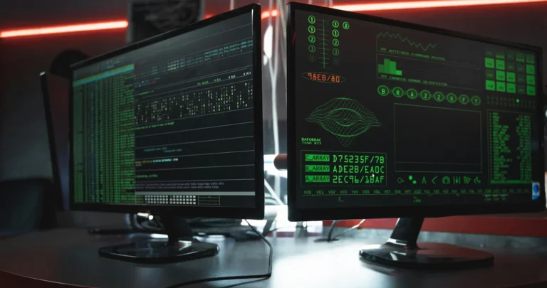 Two large computer monitors with black backgrounds are populated with lines of programming code, hashed string sequences, and other complex data.